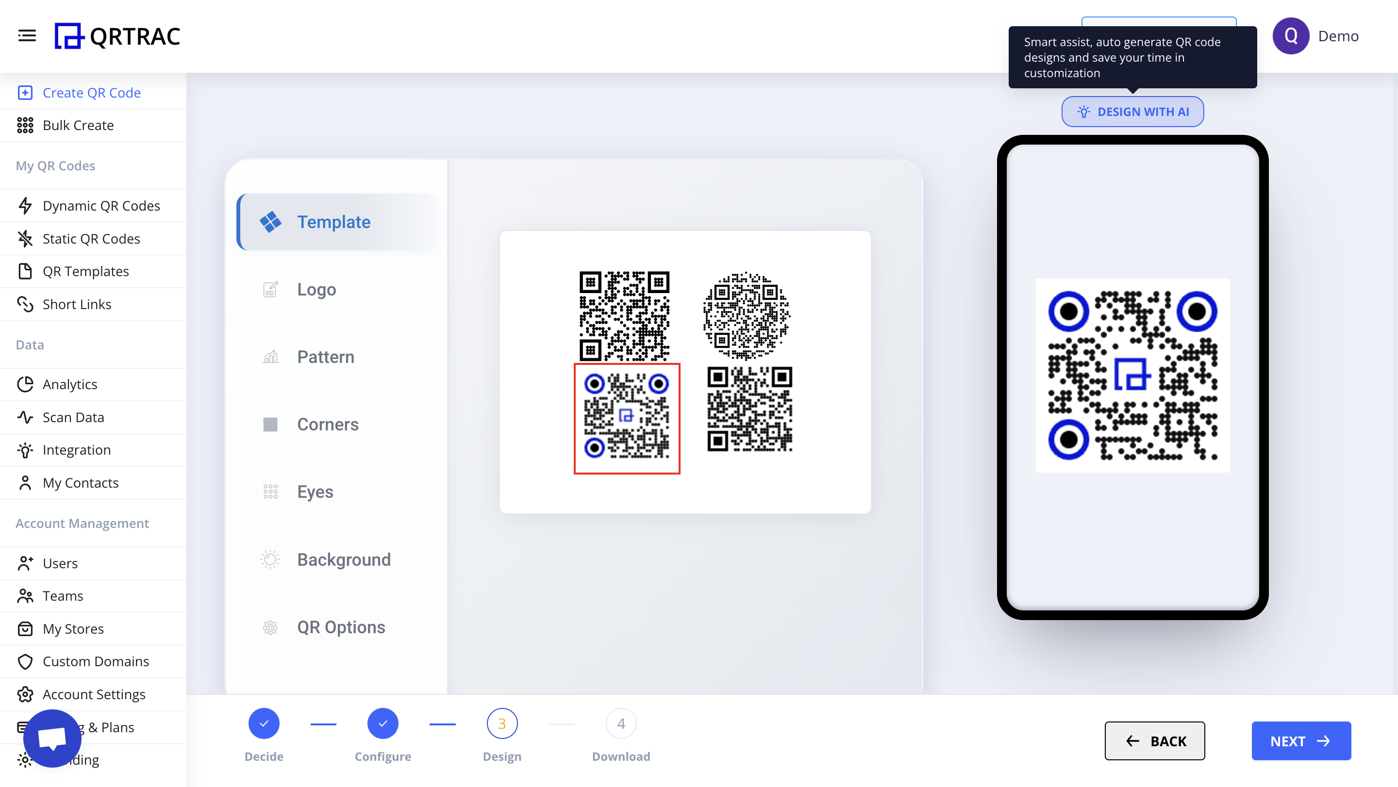 QRTRAC Pharma QR Code Generator - Create Medicine SKU QR codes with medicine information, tracking, composition, expiry dates. Static QR code creation interface showing PDF QR code type for pharmaceutical products like JARDIANCE® 10 MG.